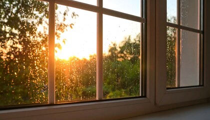 Window view of sunset through rain-streaked glass (2)