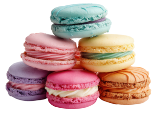 Colorful macarons display bakery food photography studio close-up. Isolated on transparent background, png.