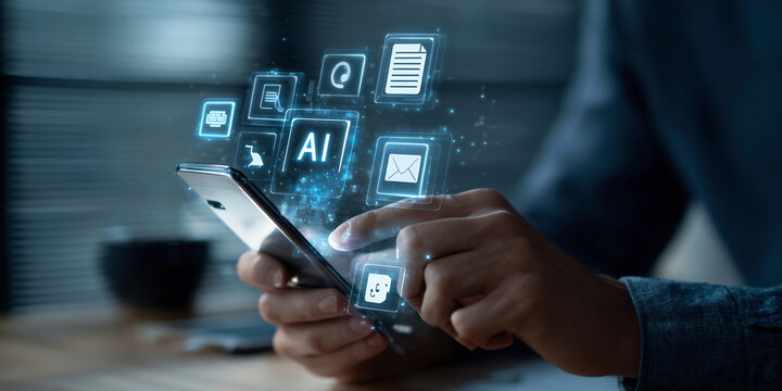 AI assistant on mobile device managing content generation for text, video, music, and image with smart automation, providing convenient access to multimedia tools in digital environment  - Powered by Adobe