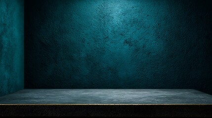 Empty teal textured stage with concrete platform and spotlight