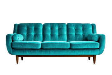 Stylish retro sofa in vibrant teal modern living room furniture. Isolated on transparent background, png.