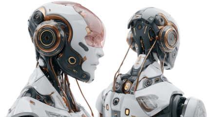 AI and Robotics: Futuristic AI and robotics with sleek humanoid features, glowing sensors, and advanced interfaces, isolated on a Transparent background, PNG file.