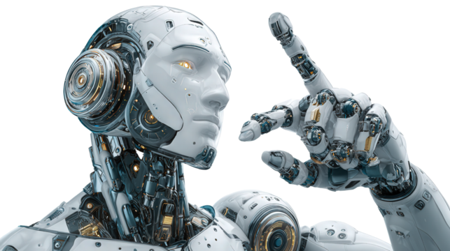 AI and Robotics: Futuristic AI and robotics with humanoid features, advanced interfaces, and cutting-edge technology, isolated on a Transparent background, PNG file.