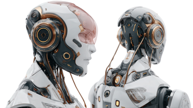 AI and Robotics: Futuristic AI and robotics with sleek humanoid features, glowing sensors, and advanced interfaces, isolated on a Transparent background, PNG file.