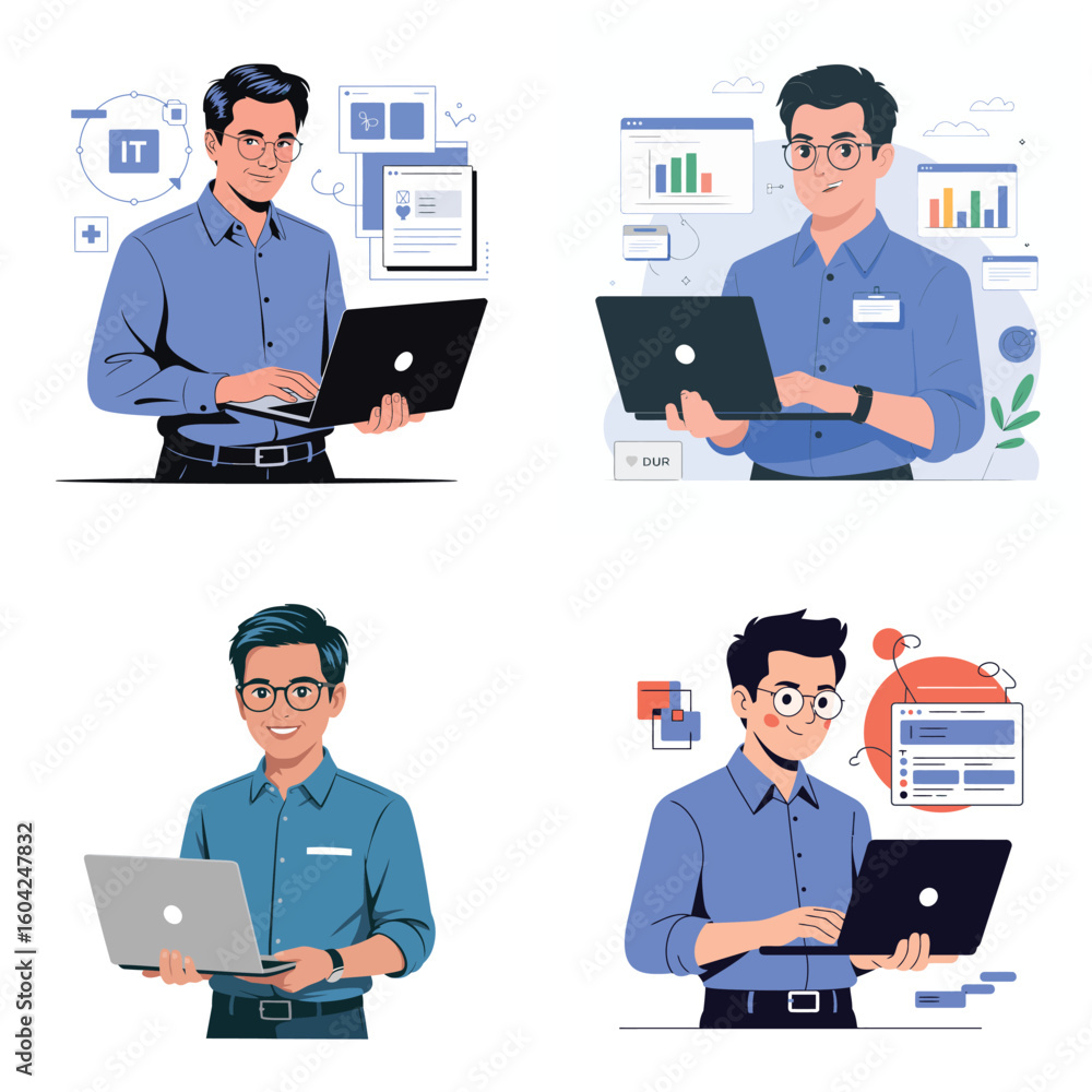 Poster four illustrations of a young man in a blue shirt using a laptop computer with different i t related