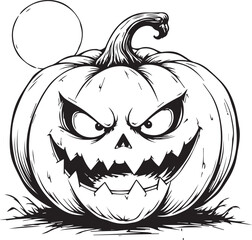 Spooky Pumpkin Illustration: A menacing jack-o'-lantern with a ghoulish grin is brought to life with intricate detail in this monochromatic illustration.