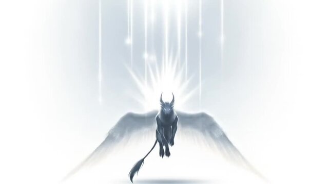 Fantasy artwork of a majestic winged creature soaring in a celestial bright light, mystical art illu