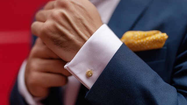 A man in a suit is getting ready to put on his cufflinks. The cufflinks are gold and the man is wearing a yellow tie