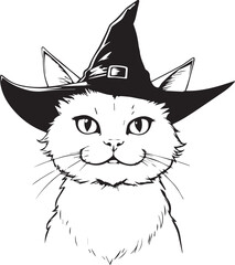 Mystical Cat in a Witch Hat: A charming black and white illustration features a cute cat adorned with a classic witch hat, perfect for spooky seasonal festivities. 