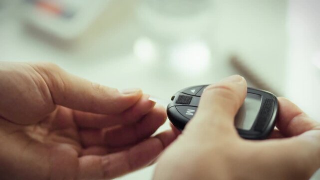 A person holds a small blood sample while using a glucose meter to check their blood sugar levels. This activity is critical for diabetes management and takes place in a home environment