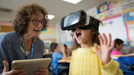 A woman is showing a child a virtual reality game. The child is excited and is holding a tablet. The woman is smiling and seems to be enjoying the experience. The scene is set in a classroom