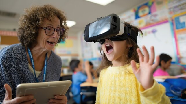 A woman is showing a child a virtual reality game. The child is excited and is holding a tablet. The woman is smiling and seems to be enjoying the experience. The scene is set in a classroom