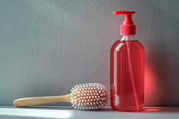 Brand friendly. Brush next to a red detergent bottle on a light background. Commercial use. Product Styling. Shiny surfaces.