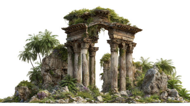 Ancient Ruins: Majestic ancient ruins featuring weathered columns, crumbled stone, and lush vegetation, isolated on a Transparent background, PNG file.