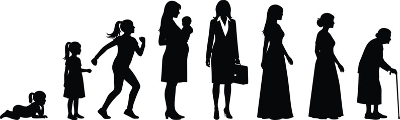 Life stages of a woman from infancy to old age, growth evolution timeline, aging process, human development, silhouette illustration
