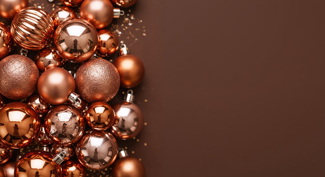 Copper Christmas ornaments with various textures and finishes on brown background. Luxury holiday decoration for premium seasonal marketing and upscale retail campaigns