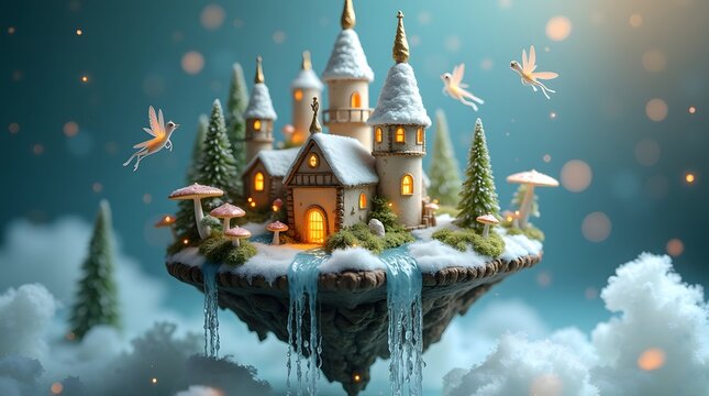 Lush vibrant forest with tiny glowing mushrooms and feathery trees surround the castle with glowing waterfalls