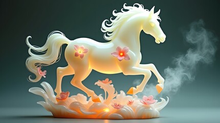 A majestic translucent jade sculpture of a spirited horse caught mid gallop with an ethereal internal glow