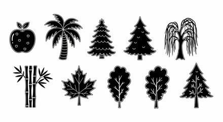 Fototapeta premium Tree Doodle Icon Set – Hand Drawn Apple, Palm, Pine, Willow, Bamboo, Maple, Oak, Cypress Vector Sketch for Nature Themes