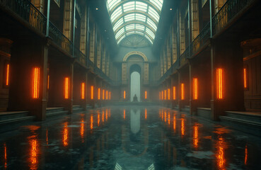 Futuristic interior hall with neon orange lights reflecting in flooded floor. Atmospheric sci-fi corridor with glass ceiling and dramatic lighting effects.