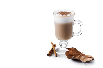 Maple Latte with Cinnamon in Glass Mug isolated on white background. Copy space