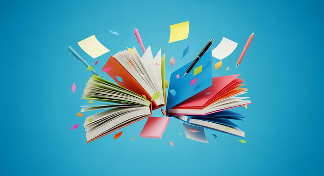 Colorful open books with flying pages, pencils, and sticky notes on blue background symbolizing creativity and learning
