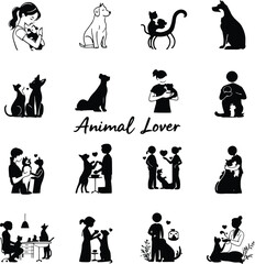 Collection of black and white vector illustrations depicting people with dogs and cats in various scenes