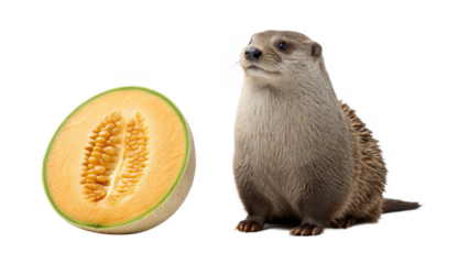 Otter animal and Cantaloupe Fruit isolated on transparent