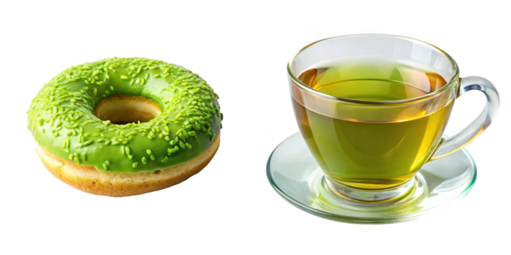 Ret Donut and Glass cup of hot green tea on transparent