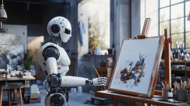 Artificial intelligence robot creating an abstract painting within a spacious studio