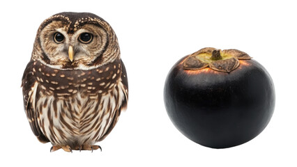 Owl animal and Black sapote Fruit isolated on transparent