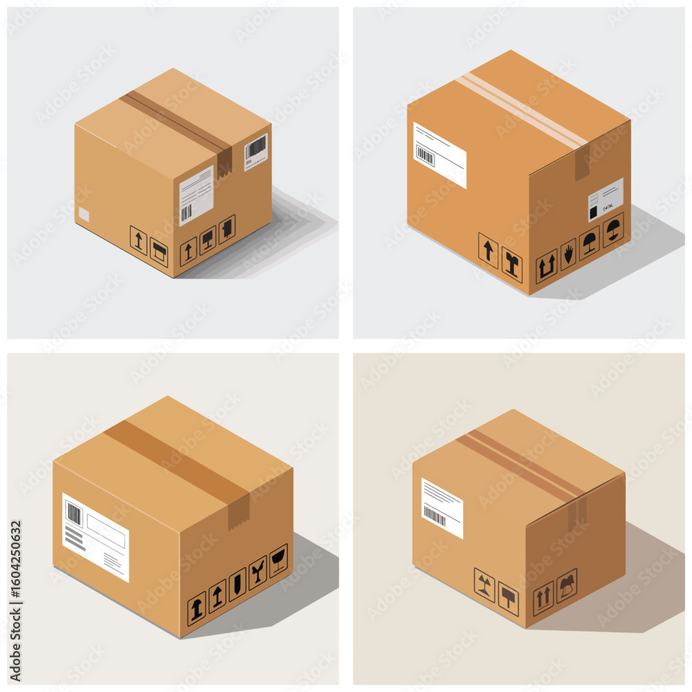 Poster four isometric brown cardboard boxes with shipping labels and fragile handling symbols on light gray