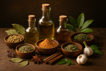 Traditional Ayurvedic Herbs and Oils on Rustic Wooden Table.