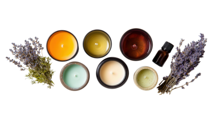 Aromatherapy Candles and Oils: A flat lay of aromatherapy candles and essential oils, isolated on a Transparent background, PNG file.