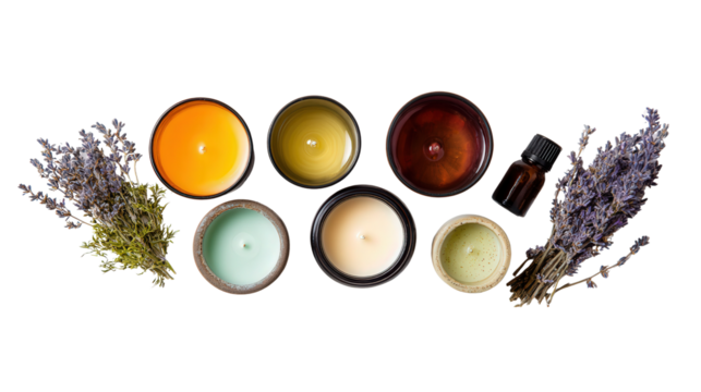Aromatherapy Candles and Oils: A flat lay of aromatherapy candles and essential oils, isolated on a Transparent background, PNG file.