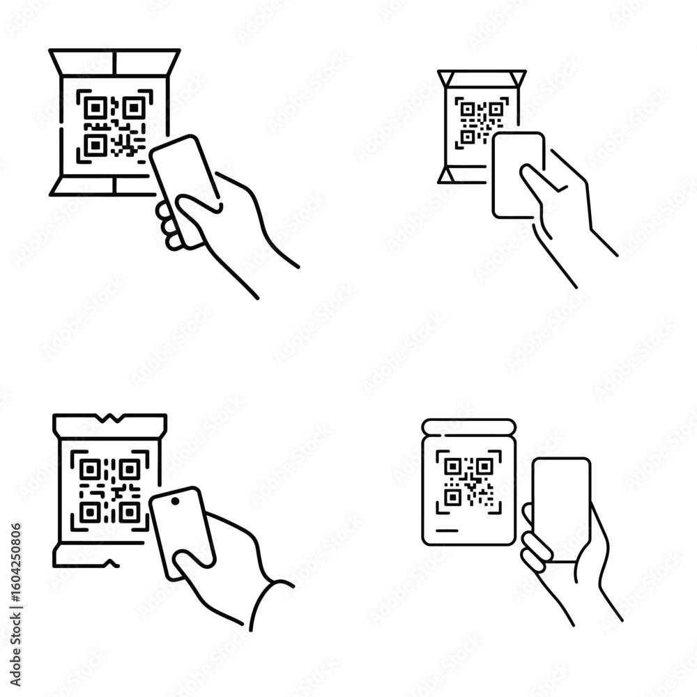 Poster four line art illustrations depicting q r code scanning on packaging using smartphones and cards bla