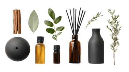 Aromatherapy Products: A flat lay of aromatherapy products like essential oils and diffusers, isolated on a Transparent background, PNG file.