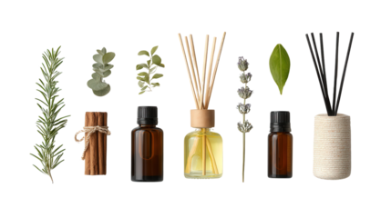 Aromatherapy Products: A flat lay of aromatherapy products like essential oils and diffusers, isolated on a Transparent background, PNG file.