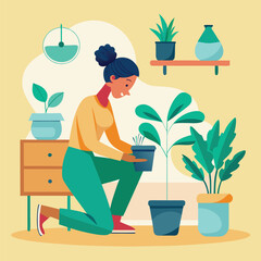 Woman repotting green plants indoors with furniture and decor vector