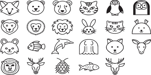 Cute Animal Face Icon Set – Minimal Black and White Line Art Vector Illustrations
