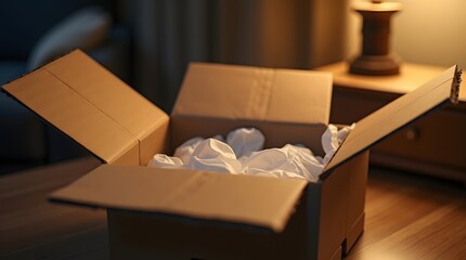 Plain brown cardboard contrasts with the promise of a new item illuminated by soft ambient room light