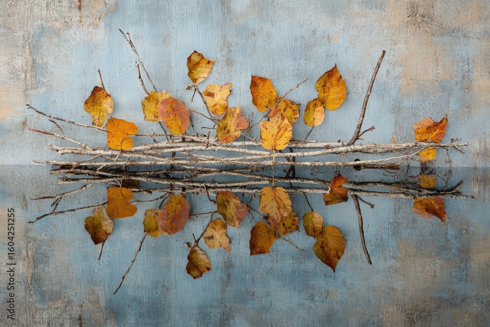Poster autumn leaves arranged on branches reflected in still water, creating a serene and symmetrical image