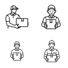 Four Line Art Illustrations of Delivery Personnel Holding Packages Different Poses and Expressions Delivery Service Icons Black and White