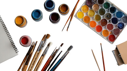 Art Supplies - Brushes and Colors: A flat lay of art supplies like brushes, colors, and canvas, isolated on a Transparent background, PNG file.