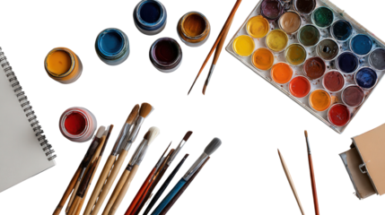 Art Supplies - Brushes and Colors: A flat lay of art supplies like brushes, colors, and canvas, isolated on a Transparent background, PNG file.