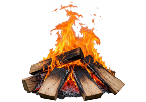 A roaring bonfire with bright orange and yellow flames is isolated on a transparent - Powered by Adobe