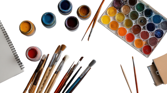 Art Supplies - Brushes and Colors: A flat lay of art supplies like brushes, colors, and canvas, isolated on a Transparent background, PNG file.