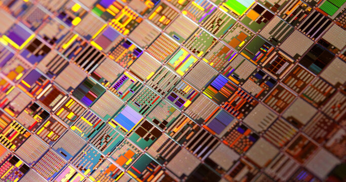 Silicon semiconductor wafer close-up.