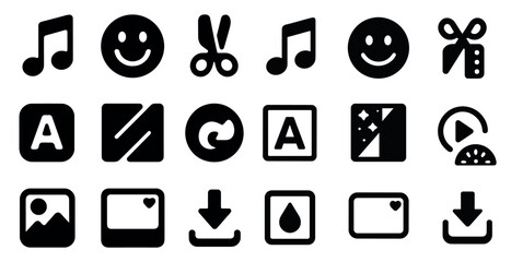 Music and entertainment icons set in solid style – flat, filled, fun designs