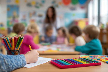 Calm moment of a teacher checking kindergarten worksheets while kids play in the background, bright educational setting.